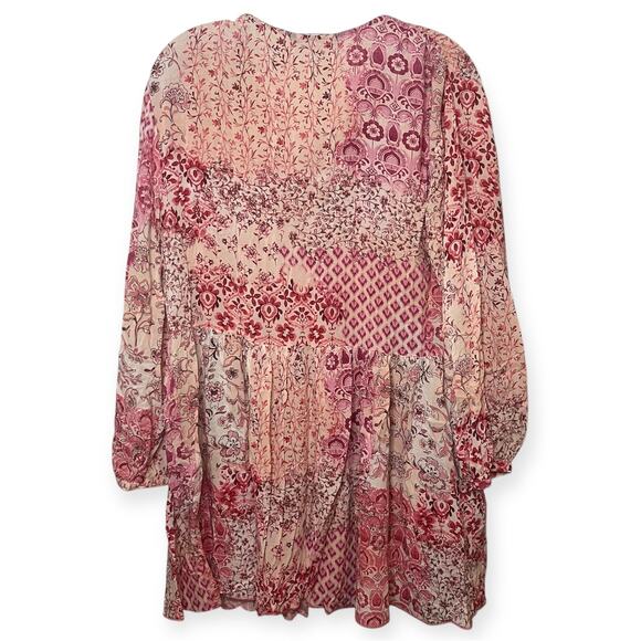 Zara Boho Patchwork Floral Dress Pink Red Long Sleeve Tassel Tie Mini Sz Small - Picture 7 of 12